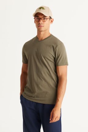 تی شرت خاکی مردانه رگولار یقه گرد پنبه (نخی) تکی کد 748601179