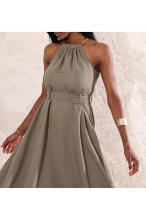 لباس خاکی زنانه بافتنی بافت گلوژ آستین-کوتاه بیسیک کد 841922462
