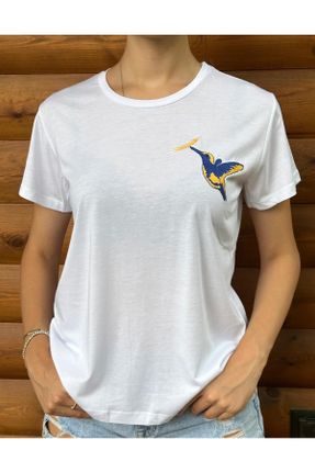 تی شرت سفید زنانه ریلکس یقه گرد تکی طراحی کد 841964060