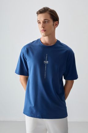 تی شرت آبی مردانه رگولار یقه گرد پنبه - پلی استر تکی جوان کد 812609874