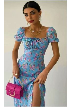 لباس آبی زنانه بافت پنبه - پلی استر - الاستن طرح گلدار آستین-کوتاه بیسیک کد 688683111