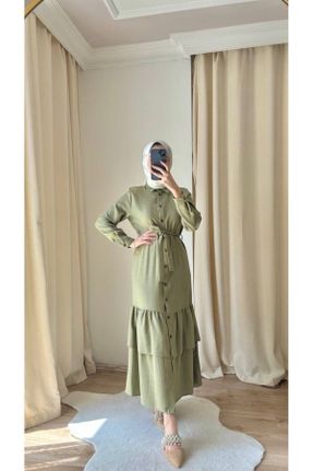 لباس سبز زنانه بافتنی کتان راحت آستین-بلند بیسیک کد 841781899