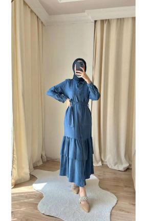 لباس آبی زنانه بافتنی کتان راحت آستین-بلند بیسیک کد 841781891