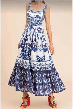 لباس آبی زنانه بافتنی پنبه - پلی استر - الاستن راحت بند دار کد 818615527