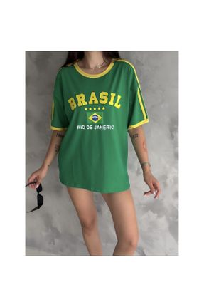 تی شرت سبز زنانه اورسایز یقه گرد پارچه ای تکی کد 837673705