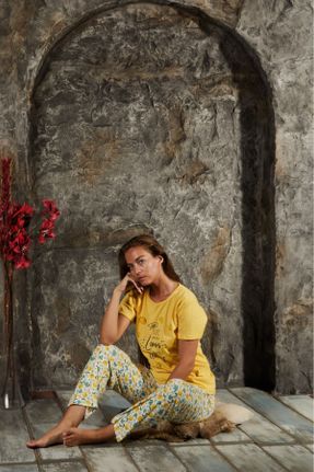 ست لباس راحتی زرد زنانه طرح دار کد 841645018