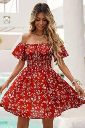 لباس قرمز زنانه جین آستین افتاده طرح گلدار اورسایز آستین-کوتاه بیسیک کد 832155944
