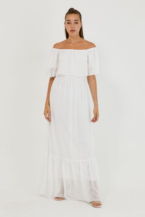 لباس سفید زنانه بافتنی شیفون رگولار شانه باز کد 123710356