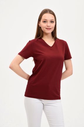 تی شرت زرشکی زنانه رگولار یقه هفت پنبه (نخی) تکی بیسیک کد 837932811