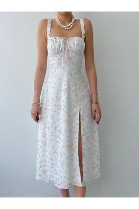 لباس سفید زنانه بافتنی کرپ طرح گلدار بند دار بیسیک کد 842486129