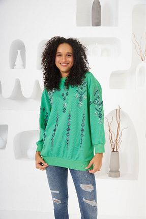 سوئیشرت سبز زنانه ساده MİA NOURA - کد 790081456