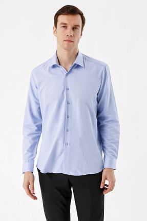 پیراهن آبی مردانه اسلیم فیت یقه ایتالیایی پنبه - پلی استر کد 733356281