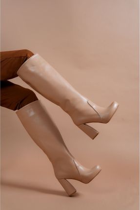 چکمه بژ زنانه چرم مصنوعی پاشنه بلند ( +10 cm) پاشنه ضخیم کد 159132015
