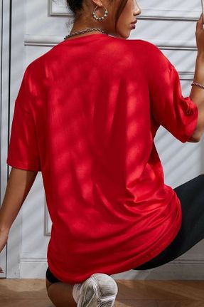 تی شرت قرمز زنانه اورسایز یقه خدمه پنبه - پلی استر تکی کد 682294108