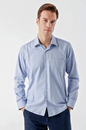پیراهن آبی مردانه ریلکس فیت یقه پیراهنی پنبه (نخی) کد 774386731