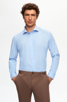 پیراهن آبی مردانه اسلیم فیت یقه ایتالیایی پنبه - پلی استر کد 31341430