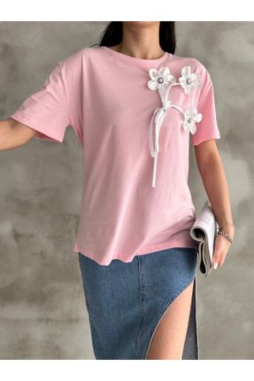 تی شرت صورتی زنانه ریلکس یقه گرد پنبه (نخی) تکی طراحی کد 820486845
