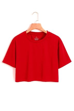 تی شرت قرمز زنانه کراپ یقه خدمه پنبه - پلی استر 2