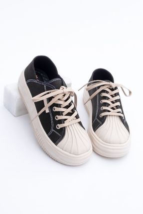 کفش اسنیکر مشکی زنانه بند دار پارچه نساجی کد 801389990