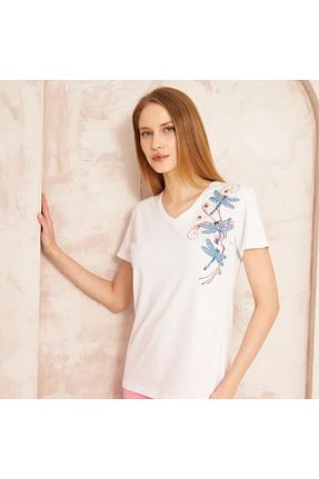 تی شرت سفید زنانه ریلکس یقه هفت تکی طراحی کد 843028904