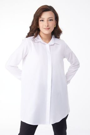 پیراهن سفید زنانه رگولار یقه پیراهنی پنبه - پلی استر کد 812351691