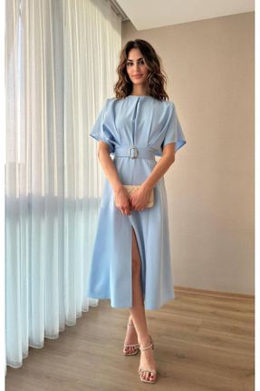 لباس آبی زنانه بافتنی پلی استر رگولار آستین-کوتاه پارتی کد 816976613