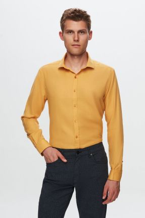 پیراهن زرد مردانه اسلیم فیت یقه ایتالیایی پنبه - پلی استر کد 66517605