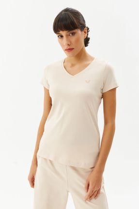 تی شرت بژ زنانه رگولار یقه هفت پنبه (نخی) کد 307089052