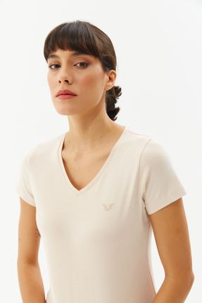 تی شرت بژ زنانه رگولار یقه هفت پنبه (نخی) کد 307089052