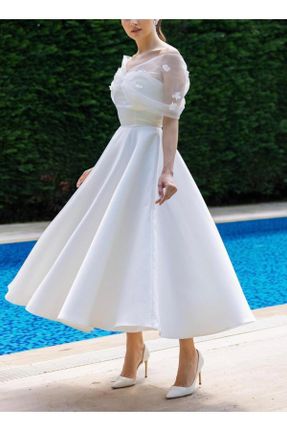 لباس مجلسی سفید زنانه ساتن اسلیم یقه قایقی آستر دار کد 827433368
