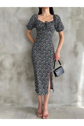 لباس مشکی زنانه بافتنی پنبه - پلی استر - الاستن طرح گلدار اسلیم فیت آستین-کوتاه کد 833047037