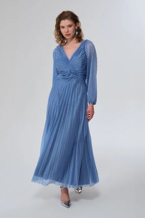 لباس مجلسی آبی زنانه رگولار یقه هفت آستر دار کد 820236194