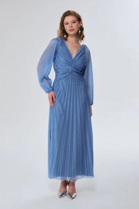 لباس مجلسی آبی زنانه رگولار یقه هفت آستر دار کد 820236194