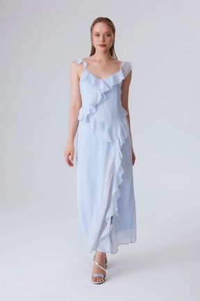 لباس مجلسی آبی زنانه آویزی رگولار یقه هفت آستر دار کد 837812578
