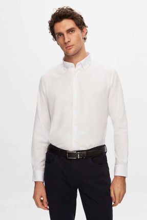 پیراهن سفید مردانه اسلیم فیت یقه دکمه دار پنبه - پلی استر کد 73417610