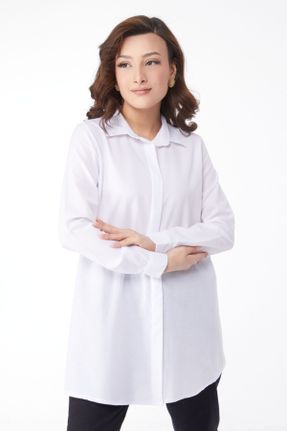 پیراهن سفید زنانه رگولار یقه پیراهنی پنبه - پلی استر کد 812351691