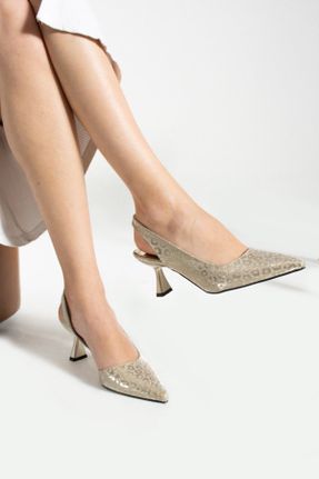کفش مجلسی طلائی زنانه پاشنه نازک چرم مصنوعی پاشنه متوسط ( 5 - 9 cm ) کد 810465360