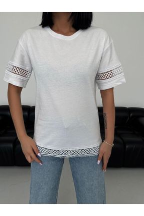 تی شرت سفید زنانه ریلکس یقه گرد تکی طراحی کد 834420488