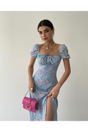 لباس آبی زنانه بافتنی پنبه - پلی استر طرح گلدار بند دار بیسیک کد 274569148