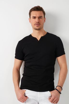 تی شرت مشکی مردانه اسلیم فیت یقه هفت پنبه (نخی) تکی کد 87627020
