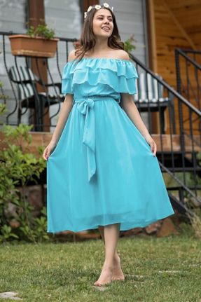 لباس آبی زنانه بافتنی شیفون شانه باز کد 290052027