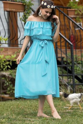 لباس آبی زنانه بافتنی شیفون شانه باز کد 290052027