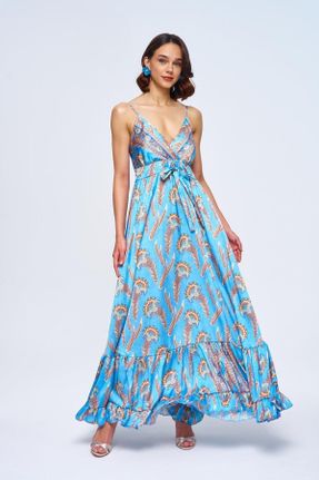 لباس آبی زنانه بافتنی ساتن رگولار بند دار بیسیک کد 841222313