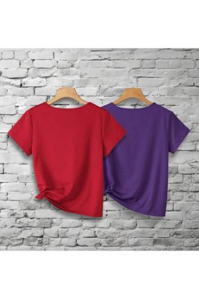 تی شرت قرمز زنانه رگولار یقه هفت پنبه (نخی) 2