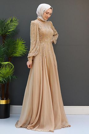 لباس مجلسی حجاب طلائی زنانه یقه ایستاده GİZ AGİYİM - کد 843769087