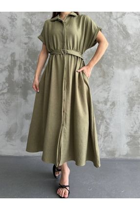 لباس خاکی زنانه بافتنی مخلوط کتان ریلکس آستین-کوتاه بیسیک کد 843752319