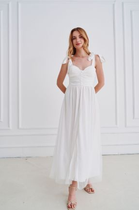 لباس سفید زنانه بافتنی تور بند دار کد 833275996
