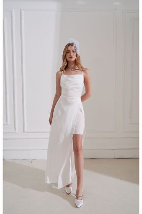 لباس مجلسی سفید زنانه ساتن آویزی اسلیم فیت یقه دگاژه آستر دار کد 838012198