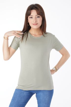 تی شرت خاکی زنانه اسلیم فیت یقه گرد تکی کد 816355702