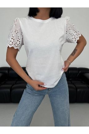 تی شرت سفید زنانه ریلکس یقه گرد تکی طراحی کد 831571567